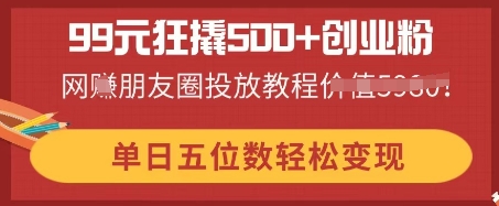 99元狂撬500+创业粉，单日五位数轻松变现，网创朋友圈投放教程-寻风互联